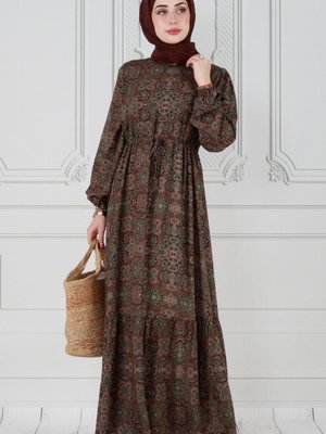 Çini Desen Beli Tünelli Viskon Elbise Haki Çini Desen Beli Tünelli Viskon Elbise Haki