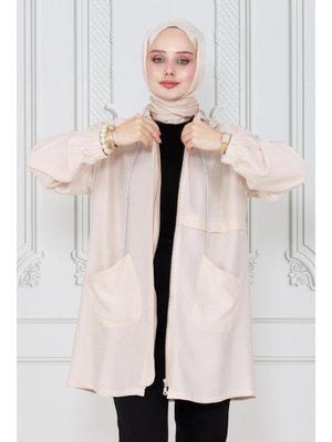 Bej Fermuarlı Kapüşonlu Kap Bej Fermuarlı Kapüşonlu Kap