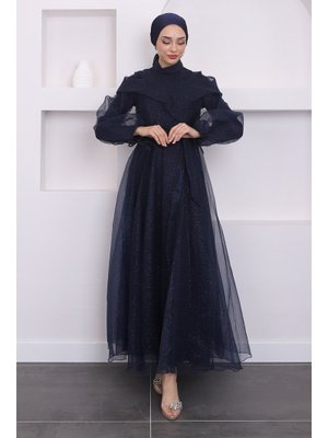 Lacivert Ön Detaylı Balon Kol Simli Abiye Elbise