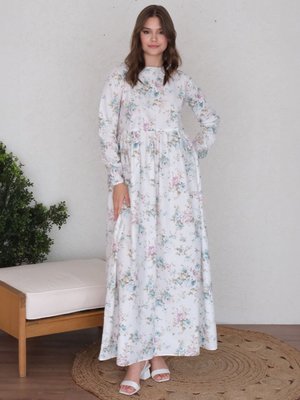 Turkuaz Çiçekli Bel Roba Elbise