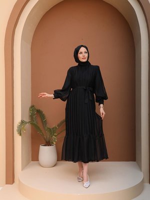 Pileli Balon Kol Abiye Elbise Siyah Pileli Balon Kol Abiye Elbise Siyah