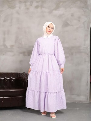 Lila Çizgili Elbise