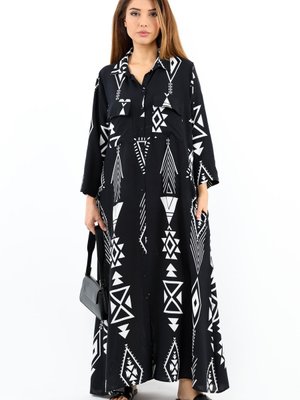 Prive Etnik Desen Siyah Krem Viskon Uzun Elbise