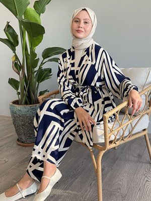 Şeritli İkili Lacivert Viskon Takım