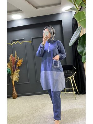 Tansel Kumaş Cepli Ön Fermuarlı Alt Pantolon Beli Lastikli İkili Takım