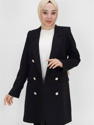 Siyah Sahte Cep Detaylı Kruvaze Yaka Blazer Ceket Siyah Sahte Cep Detaylı Kruvaze Yaka Blazer Ceket