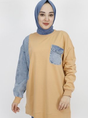 Camel Kot Cep Detaylı İp Kumaş Sweatshirt Camel Kot Cep Detaylı İp Kumaş Sweatshirt