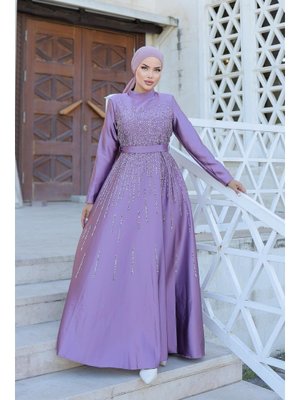 Lila Yaren Saten Abiye Elbise