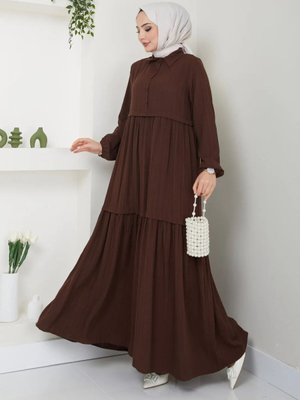 Kahverengi Viskon Kumaş Yaka Gömlek Elbise