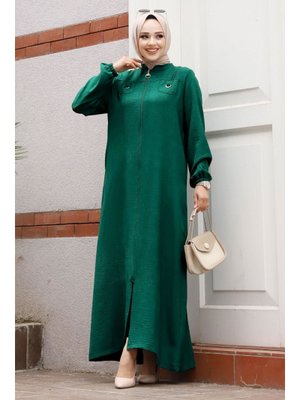Zümrüt Yeşili Boydan Fermuarlı Hakim Yaka Ferace