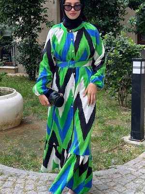 Yeşil Siyah Zikzak Desen Kemerli Oversize Yazlık Viskon Elbise