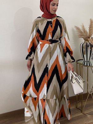 Bej Kitemit Zikzak Desen Kemerli Oversize Yazlık Viskon Elbise