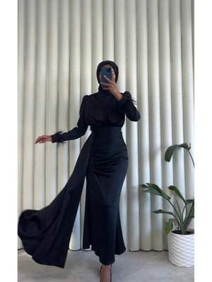 Kuyruklu Kolu Tüylü Yeni Sezon Abiye Elbise