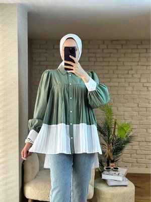 Uzun Karpuz Kollu Düğmeli Yaka Piliseli Gömlek