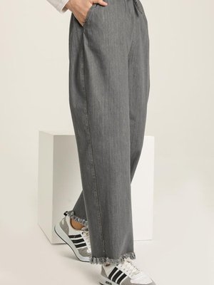 Gri Saçaklı Bol Paça Kot Pantolon