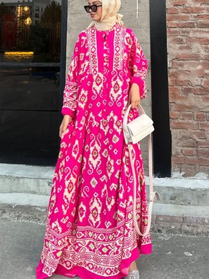 Koyu Pembe Etnik Desenli Viskon Elbise