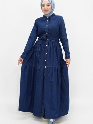 Jeans Yaka Kemerli Düğmeli Kot Spor Gömlek Elbise Jeans Yaka Kemerli Düğmeli Kot Spor Gömlek Elbise