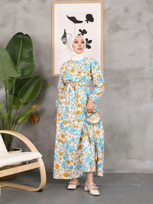 Mavi Çiçek Desenli Keten Elbise Mavi Çiçek Desenli Keten Elbise