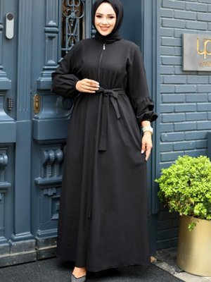 Balon Kol Detaylı Fermuarlı Ferace Siyah