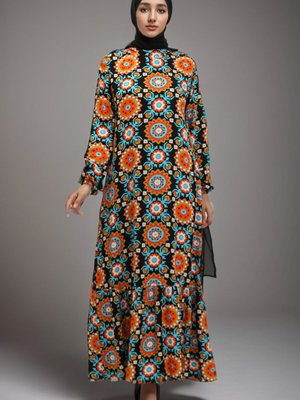 Siyah Kiremit Viskon Desenli Elbise Siyah Kiremit Viskon Desenli Elbise