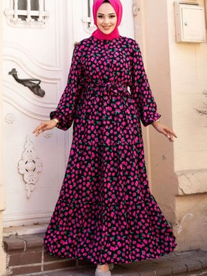 Küçük Gül Desenli Beli Kuşaklı Viskon Elbise Pembe