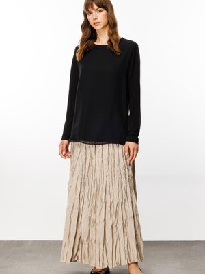 Aller Şifon Ön Beden Kaplı İçi Penye Uzun Kol Tunik Bluz Siyah