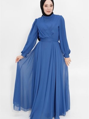 İndigo Kruvaze Yaka Şifon Kumaş Abiye Elbise İndigo Kruvaze Yaka Şifon Kumaş Abiye Elbise