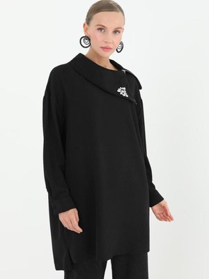 Siyah Krep Kumaş Degaje Yaka Yakası Taşlı İkili Takım