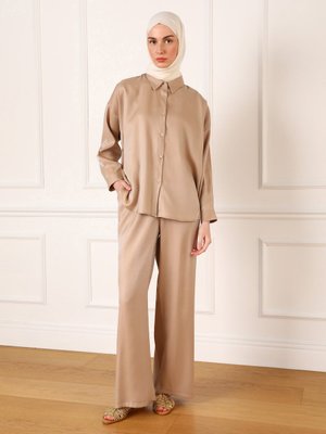 Bej Simli Kumaş Tunik & Pantolon Şık Takım