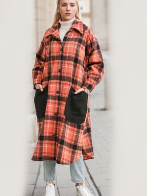 Kiremit Ekose Desenli Düğmeli Kaban Kiremit Ekose Desenli Düğmeli Kaban