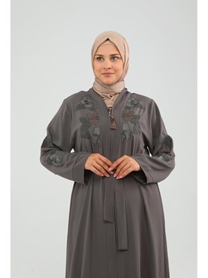 Çiçek Desenli Nakışlı Abaya Vizon