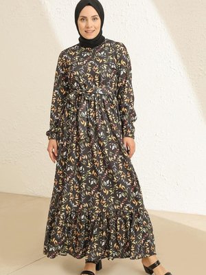 Siyah Çiçek Desenli Kuşaklı Elbise Siyah Çiçek Desenli Kuşaklı Elbise