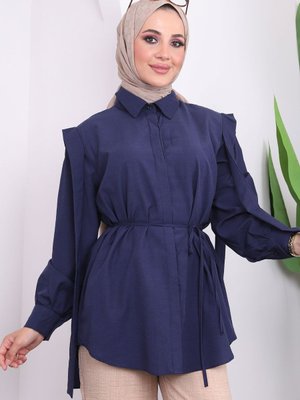 Lacivert Yaka Detaylı Bel İpli Gömlek
