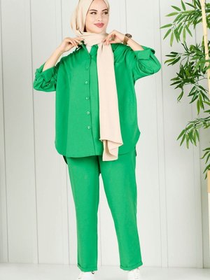 Düz Gömlek Yaka Yeşil Tunik Pantolon