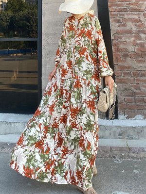 Kiremit Desenli Oversize Yazlık Viskon Elbise