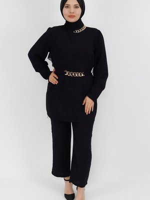 Siyah Scuba Krep Kumaş Zincir Detaylı 2li Takım Siyah Scuba Krep Kumaş Zincir Detaylı 2li Takım