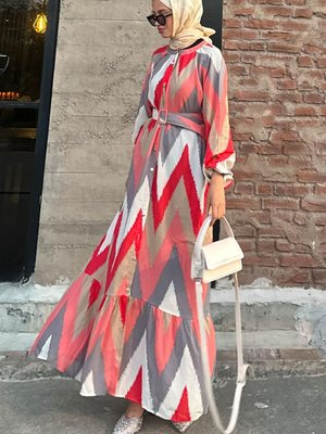 Gri Ekru Zikzak Desen Kemerli Oversize Yazlık Viskon Elbise