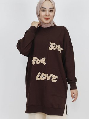 Kahverengi Önü Tüy Baskılı İp Kumaş Sweatshirt Kahverengi Önü Tüy Baskılı İp Kumaş Sweatshirt