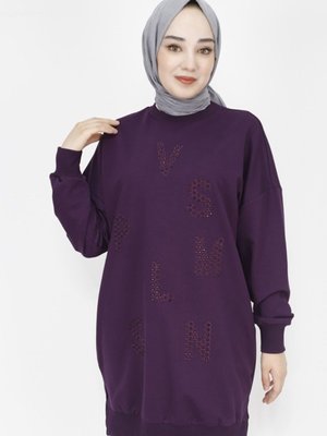 Mor İp Kumaş Taş Baskılı Sweatshirt Mor İp Kumaş Taş Baskılı Sweatshirt