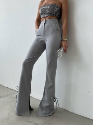 Gri Atlas Kumaş İspanyol Paça Kurdele Detaylı Pantolon