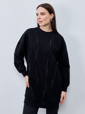 Siyah Taş Detaylı İp Kumaş Sweatshirt Siyah Taş Detaylı İp Kumaş Sweatshirt