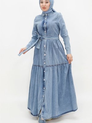 Buz Mavi Yaka Kemerli Düğmeli Kot Spor Gömlek Elbise Buz Mavi Yaka Kemerli Düğmeli Kot Spor Gömlek Elbise