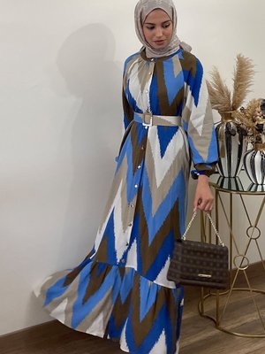 Mavi Bej Zikzak Desen Kemerli Oversize Yazlık Viskon Elbise