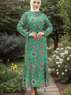 Yeşil Viskon Desenli Kuşaklı Elbise Yeşil Viskon Desenli Kuşaklı Elbise