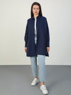 Lacivert Cep Detaylı Oversize Poplin Gömlek Lacivert Cep Detaylı Oversize Poplin Gömlek