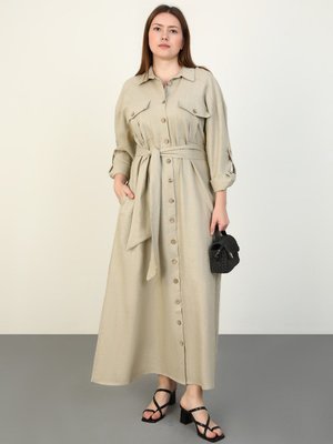 Vizon Büyük Beden Keten Gömlek Elbise