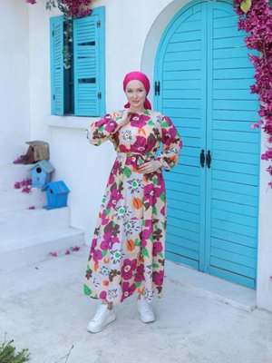 Mor Çiçek Desenli Keten Elbise Mor Çiçek Desenli Keten Elbise