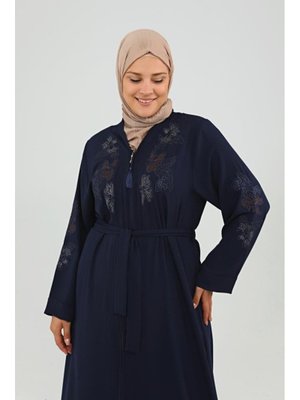 Çiçek Desenli Nakışlı Abaya Lacivert