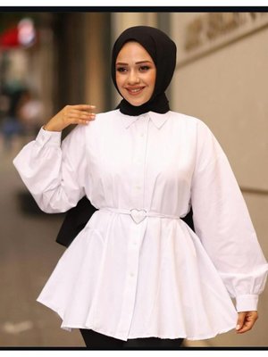 Belden Bağlamalı Kalpli Detaylı Gömlek Beyaz