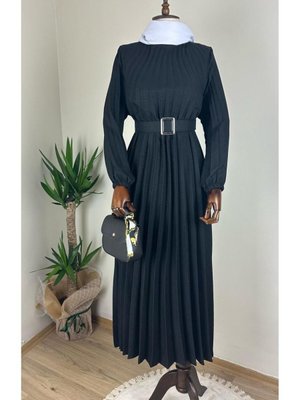 Lacivert Bisiklet Yaka,kolu Lastikli Ve Kemerli Şık Piliseli Keten Elbise Lacivert Bisiklet Yaka,kolu Lastikli Ve Kemerli Şık Piliseli Keten Elbise